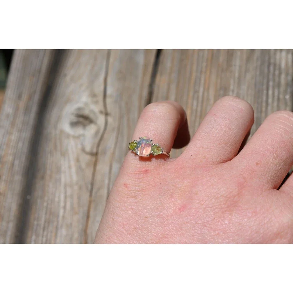Engagement ring Opal & Peridot Ring in Sterling Silver – Unique Fire Play Engage